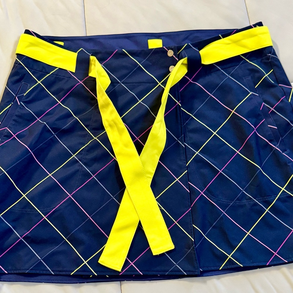Nike Golf Dri-Fit Reversible Skort M 10 Argyle Neon Plaid Yellow Belt 00s Y2K